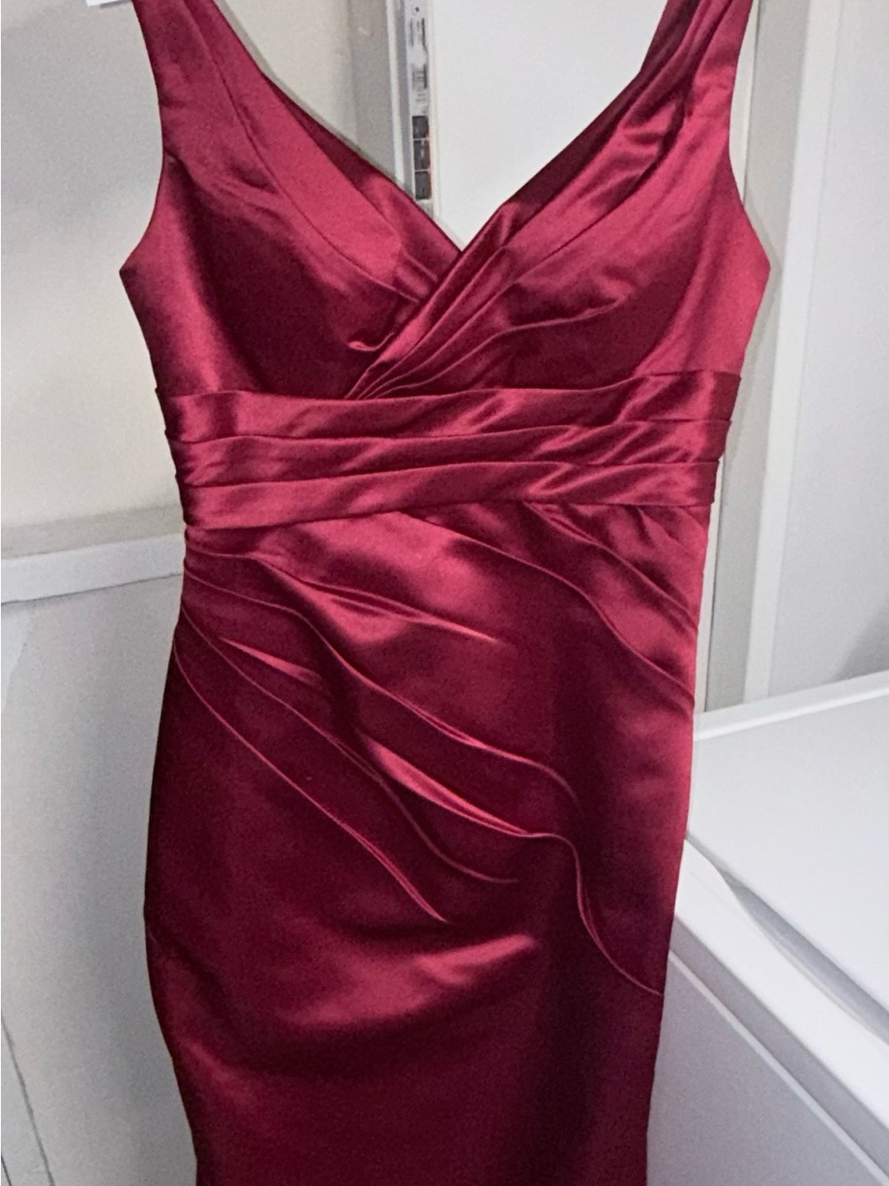 Bill Levkoff Satin Burgundy V-Neck Midi Dress